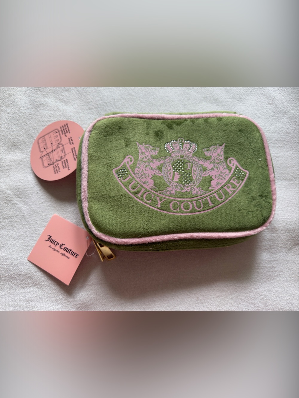 Juicy Couture Olive Green Velvet Pouch with Light Pink Trim